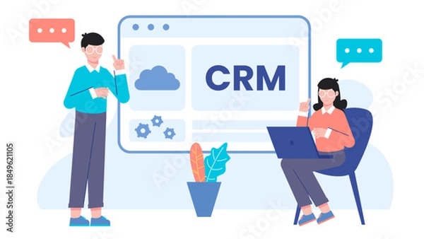 Obraz Implementing a New Customer Relationship Management (CRM) System. Flat Vector Illustration