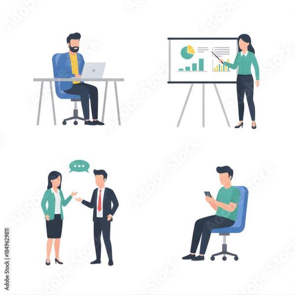 Fototapeta flat vector illustration of office workers in different poses man working on laptop, woman presenting ideas, two colleagues talking, employee checking phone, seated and standing positions