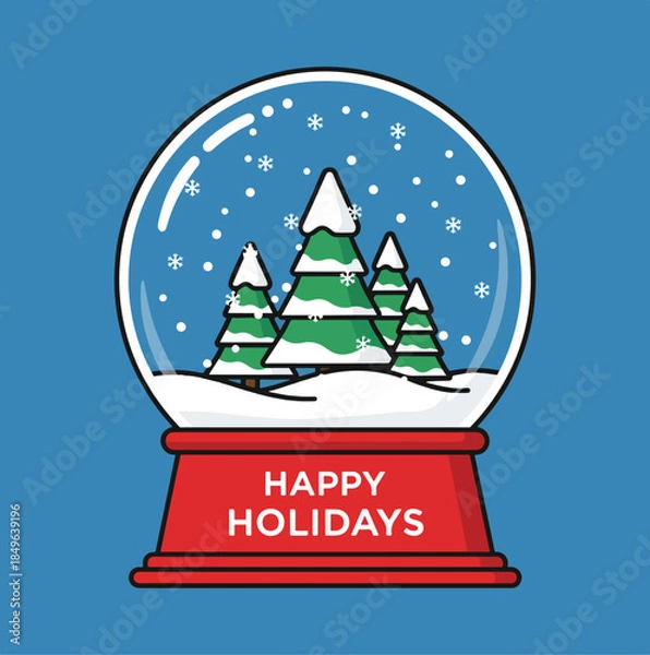 Obraz Happy Holidays Snow Globe Vector Illustration with Pine Trees