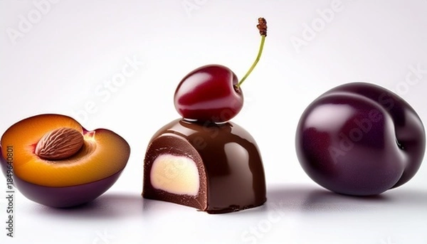 Obraz cherry and chocolate candy with white background 