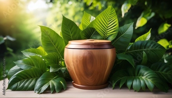 Obraz Green tea leaves with wooden pot 