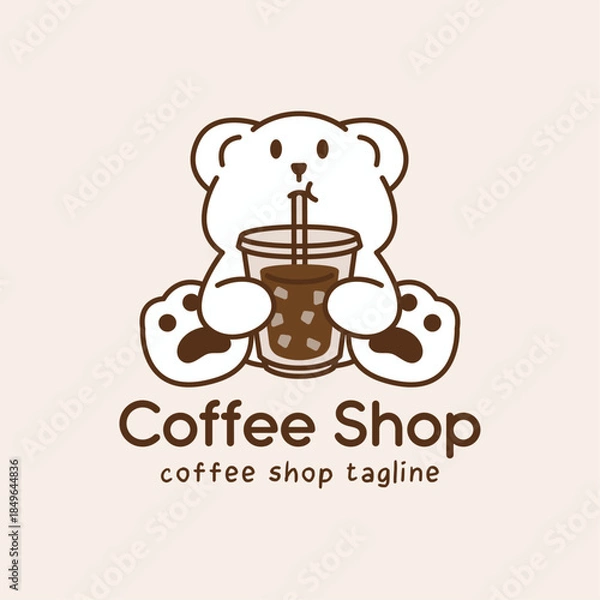 Obraz Cute bear mascot sitting comfortably and holding iced coffee cup with straw. Friendly minimalist character for modern cafe branding and merchandise.