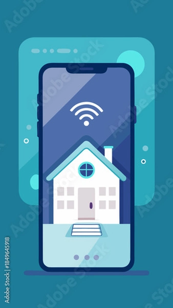 Obraz Smart home control interface on smartphone screen with wireless connection symbol