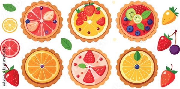 Fototapeta Top View Assorted Fruit Tarts Set with Berries and Citrus Desserts Illustration