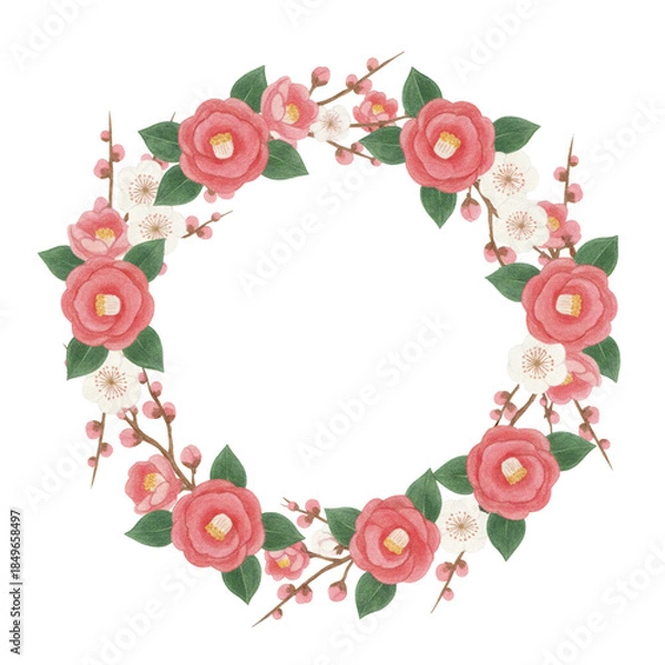 Obraz 椿と梅の花のリース_透過素材