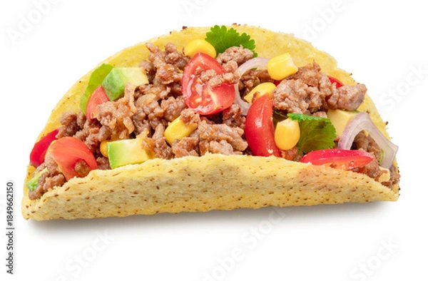 Obraz Mexican meat taco or beef stuffed tortilla isolated on white background, top view. File contains clipping path.
