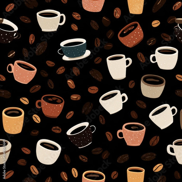 Obraz Minimal Coffee Cups and Beans Seamless Pattern on Black Background

