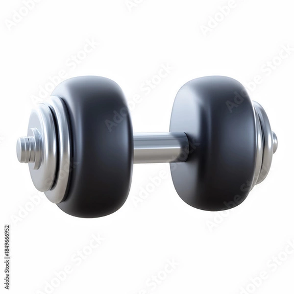 Obraz 3D black dumbbell weight icon with metal handle, fitness gym equipment isolated on transparent background