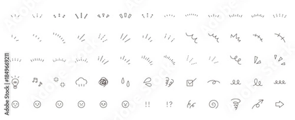 Obraz シンプルなアイコンのベクターイラストセット。飾り、あしらい、くるくる、集中線