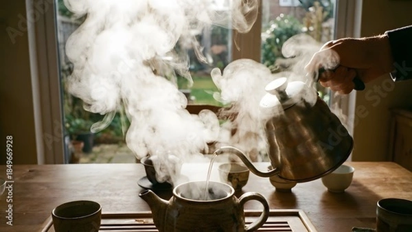 Obraz Steaming Tea Pouring from Kettle into Pot.