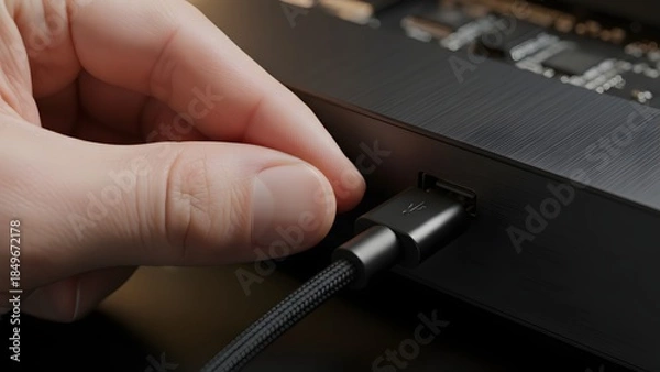 Obraz Hand Connecting USB Cable to Computer Port.