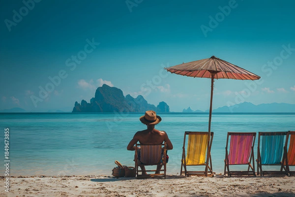 Fototapeta a man relaxes on the beach in lawn chairs under an umbrella