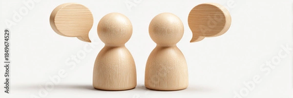 Obraz Minimalist hyper-realistic image of two wooden pawns with speech bubbles symbolizing communication, dialogue, and human interaction, isolated on white background with copy space. Generative Ai.