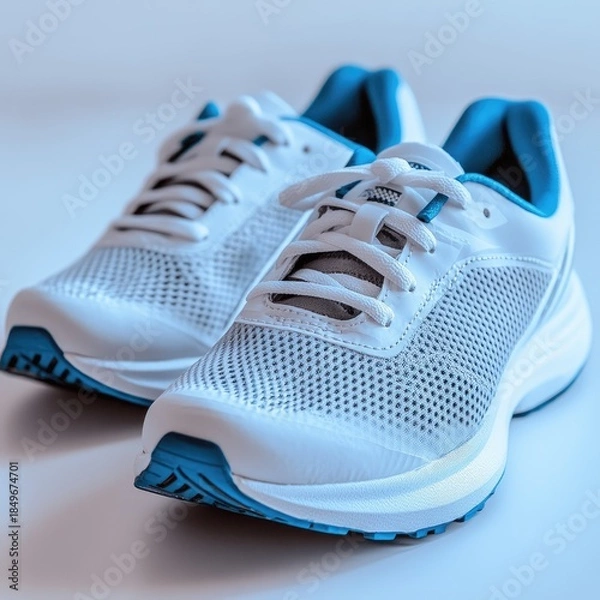 Obraz White/blue athletic shoes on a light surface, low angle