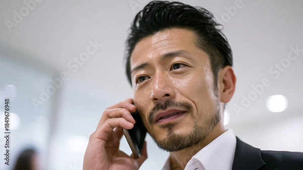 Obraz 男性のサラリーマンが会社で電話をしている写真