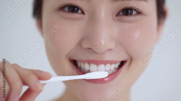 Obraz 美しい女性が歯ブラシをもって歯磨きをしようとしている写真