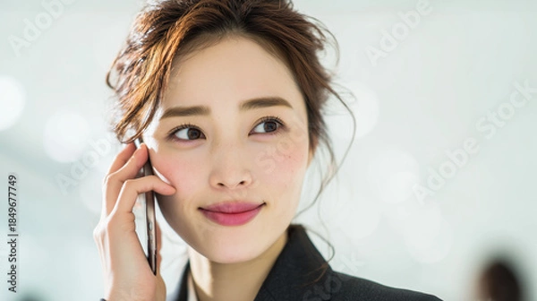 Obraz 女性の美しいサラリーマンが会社で電話をしている写真