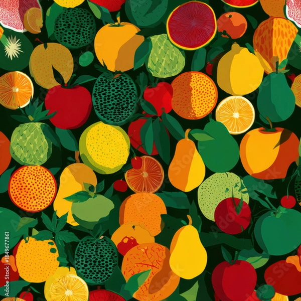 Obraz Vibrant Tropical Fruit Seamless Pattern on Dark Green Background
