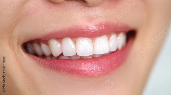 Obraz A photo of a beautiful smile with perfectly aligned teeth after orthodontic treatment and teeth whitening at the dentist