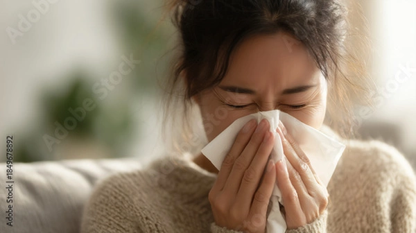 Obraz 家で女性がくしゃみをして鼻をかんでいる写真