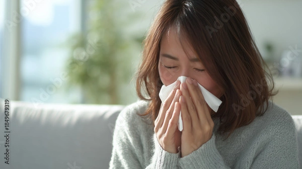 Obraz 家で女性がくしゃみをして鼻をかんでいる写真