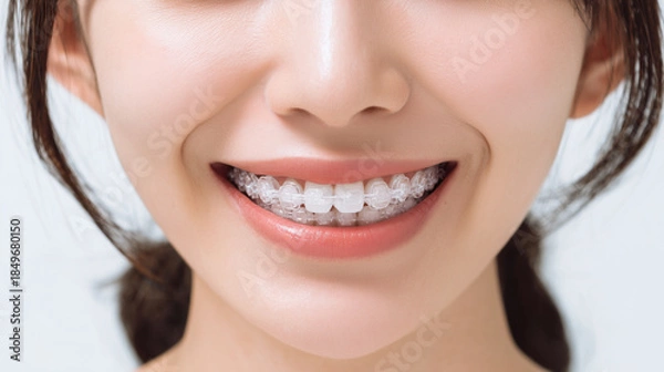 Obraz 歯のワイヤー矯正をしている女性の口でアップ写真