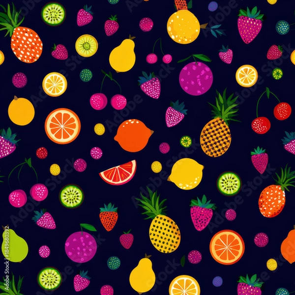 Obraz Vibrant Fruit Seamless Pattern on Dark Blue Background
