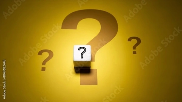 Obraz White dice with a black question mark on a bright yellow background with multiple shadow question marks