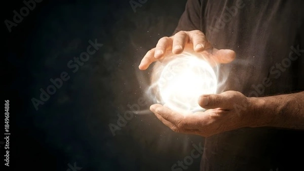 Obraz Hands Holding Bright Glowing Light Orb.