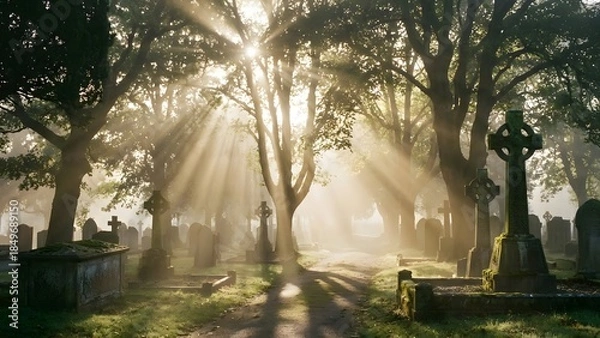 Obraz Sunbeams Shining Through Trees in Cemetery.