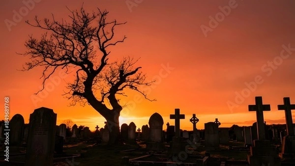 Obraz Cemetery Silhouette at Dramatic Sunset Sky.