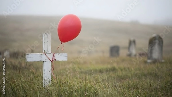 Obraz Red Balloon on Grave in Cemetery.