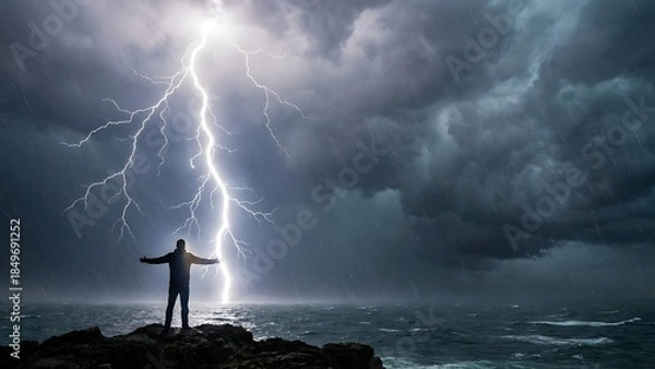 Fototapeta Man Standing on Cliff During Thunderstorm.
