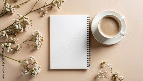 Fototapeta Clean Notebook and Coffee Mockup on Soft Beige Desk
