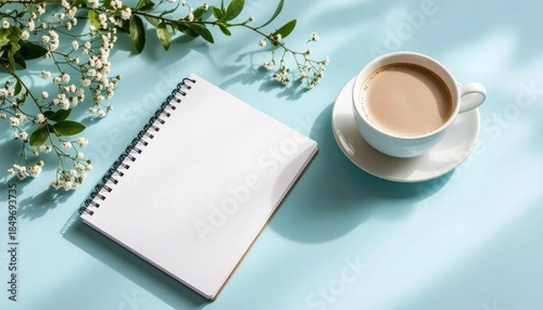 Fototapeta Minimal Notebook and Coffee Mockup on Pastel Blue Desk
