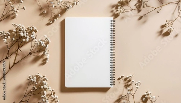 Fototapeta Clean Desk Notebook Mockup Top View on Soft Beige Background
