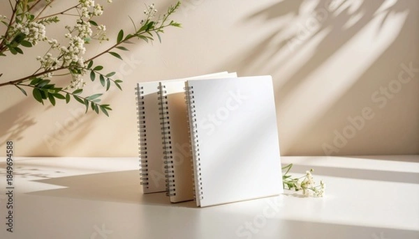 Fototapeta Stacked Notebook Mockup on Warm Cream Clean Desk