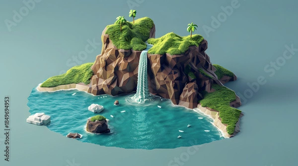 Obraz 3d Isometric Low poly clay style island with waterfall