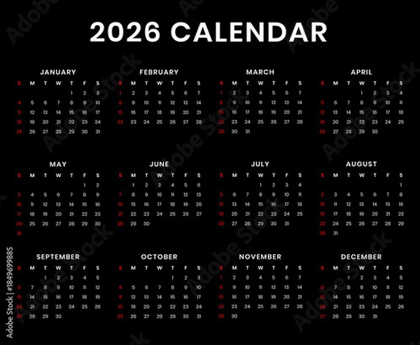 Fototapeta  2026 calender template black background