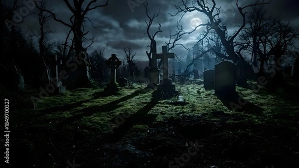 Obraz Dark Forest with Twisted Trees at Night.