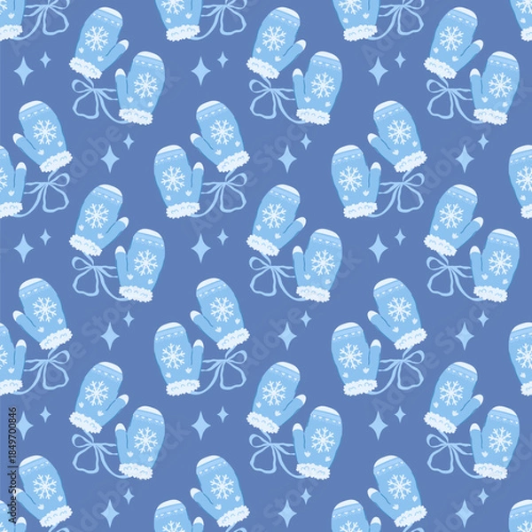 Obraz Blue pattern with mittens. Winter seamless pattern, vector template for printing on fabrics and paper