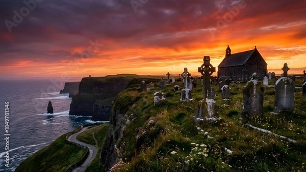 Obraz Church on Cliffside at Dramatic Sunset.