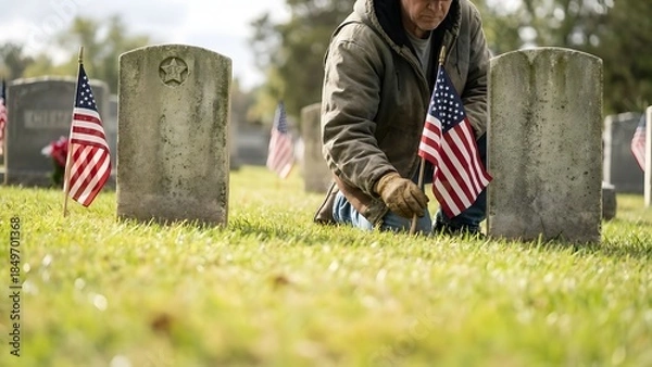 Obraz Man placing American flags on graves.