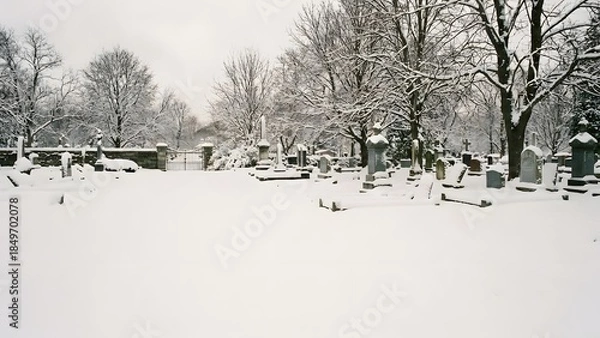 Obraz Snow Covered Cemetery with Bare Trees.
