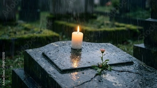 Obraz Candle and Rose on Tombstone in Cemetery.