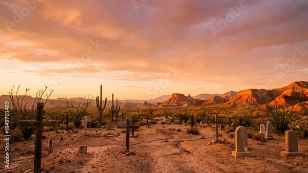 Obraz Desert Landscape with Mountains at Sunset.