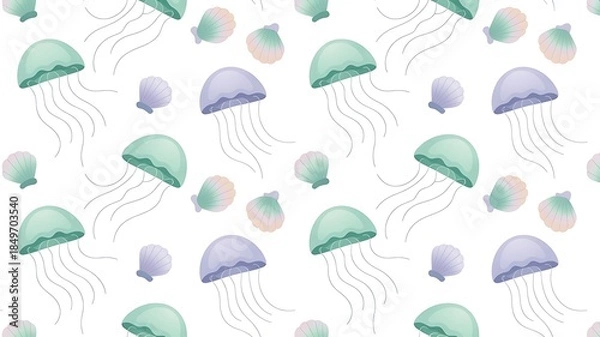 Obraz Whimsical jellyfish and seashells pattern on white background