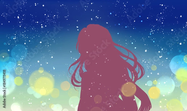 Fototapeta 外出する女性　冬　雪　シルエット