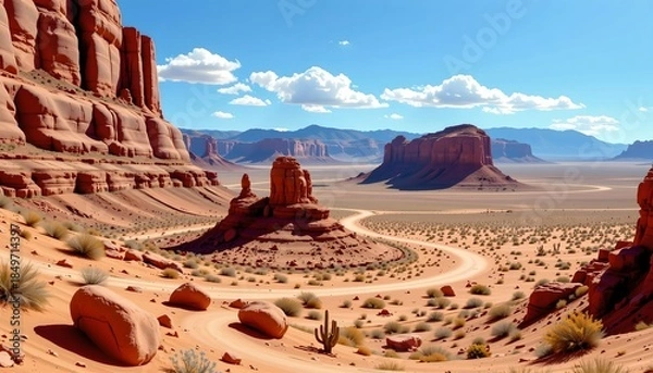 Fototapeta Vast Desert Landscape with Rugged Rock Formations and Distant Mountains