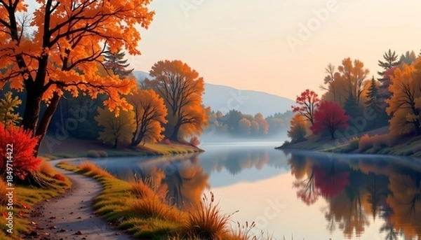 Fototapeta Tranquil Autumn River Scene Dawn with Mist and Reflections